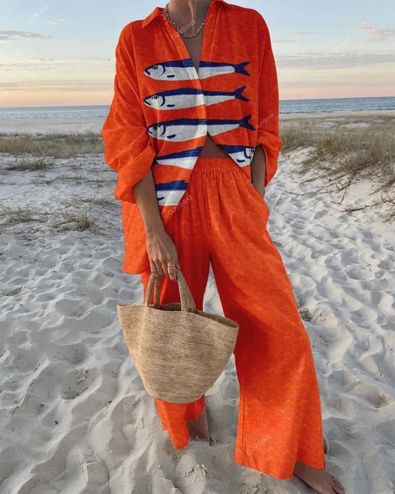 Women's Sardines Printed Shirt & Pants Two-piece Set