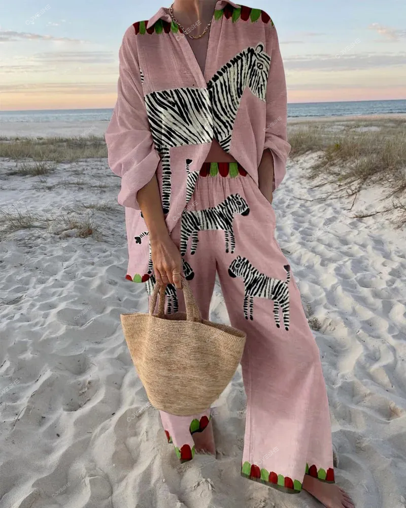 Vintage Zebra Print Shirt & Pants Two-piece Set