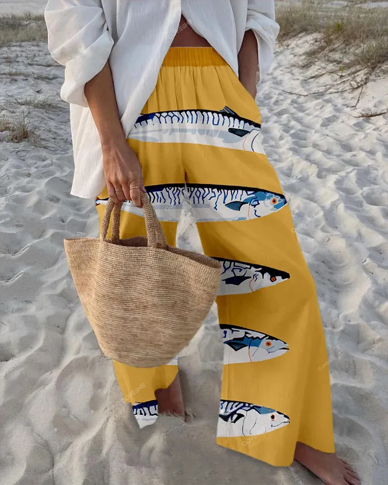 Vintage fish print casual pants
