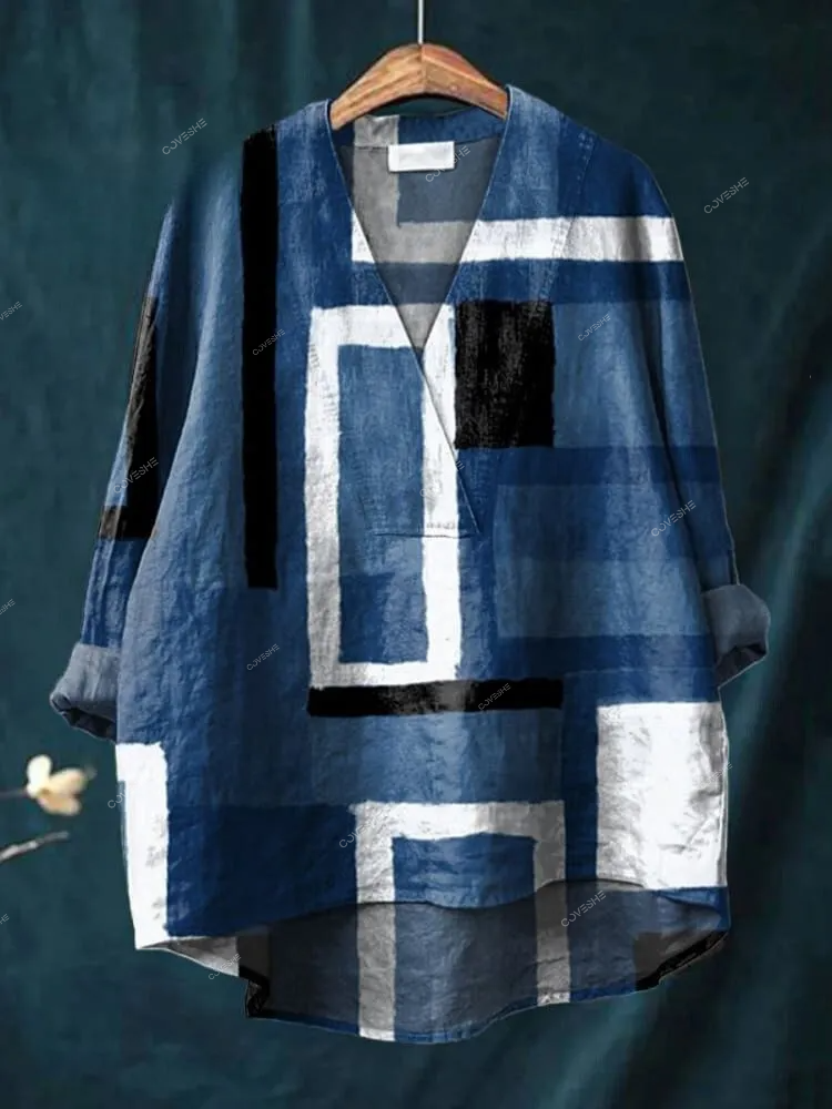 Women's Cowboy Blue Square Geometry Print Casual   V-neck Shirt