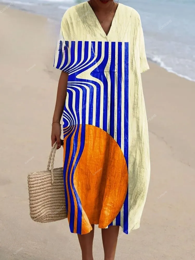 Women's Colorful Geometric Stripes Abstract Art Print Flowy Dress