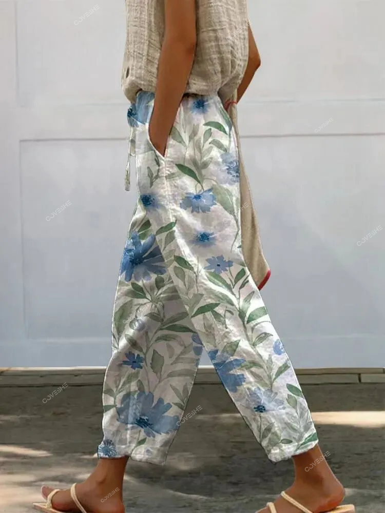 Watercolor Blue Floral Pattern Printed Women's   Casual Pants