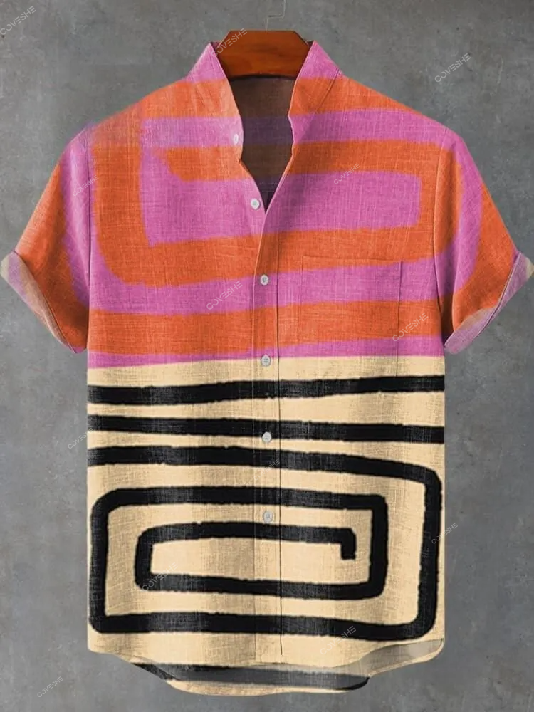 Men'sColor-block Abstract Painting Art Vintage Print Casual Shirt