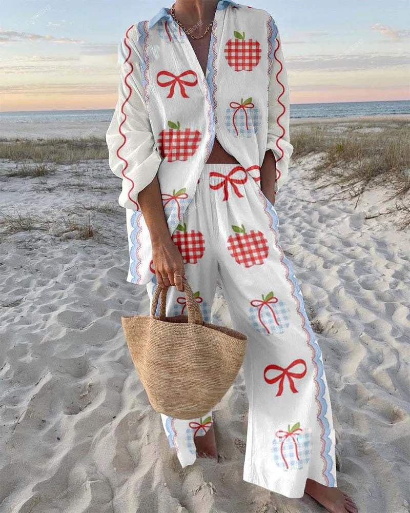 Apple Bow Print Shirt & Pants Two-Piece Set