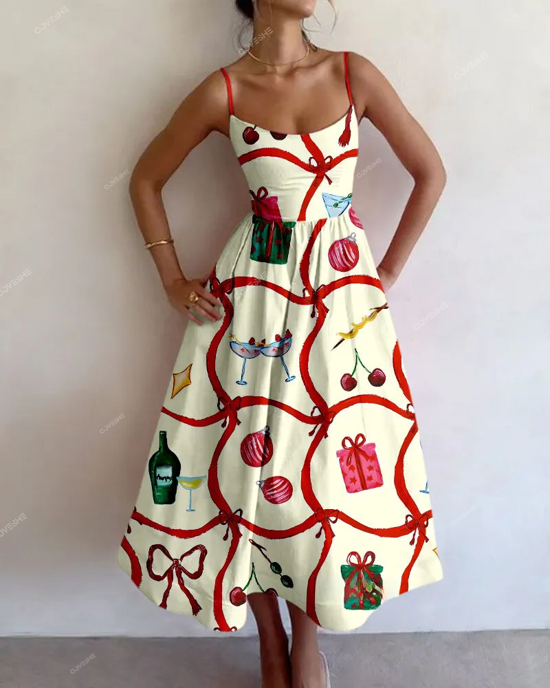 Holiday Gift Print Sling Maxi Dress