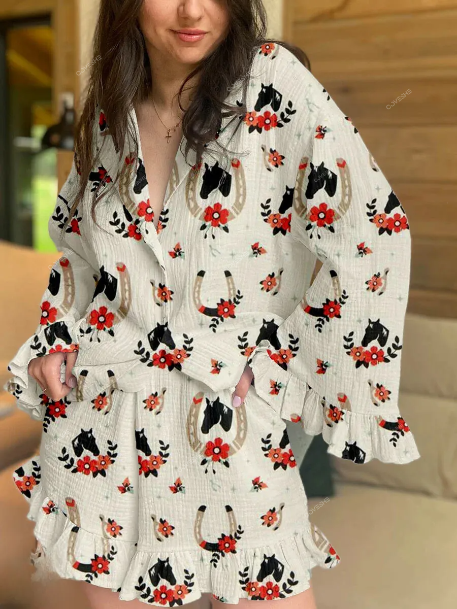 Women's Vintage Horse Print Ruffle Pajama Set