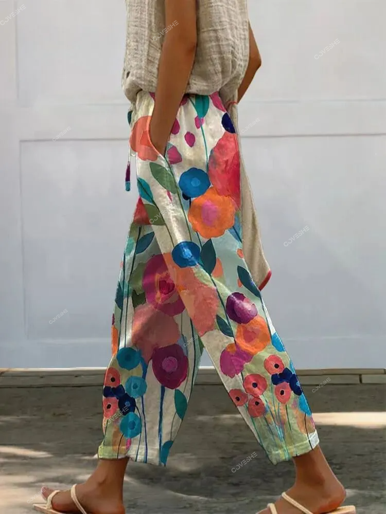 Oil Painting Summer Floral Art Printed Women's Casual Pants