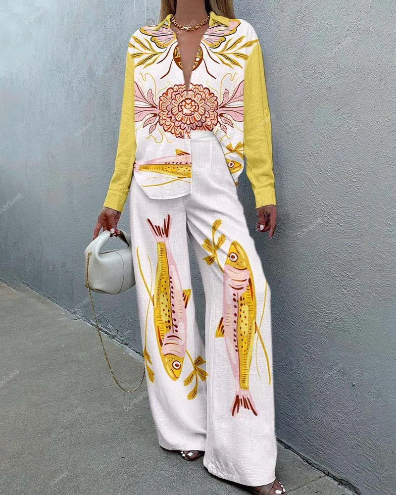 Fashion Goldfish Flower Print Casual Two-Piece Set
