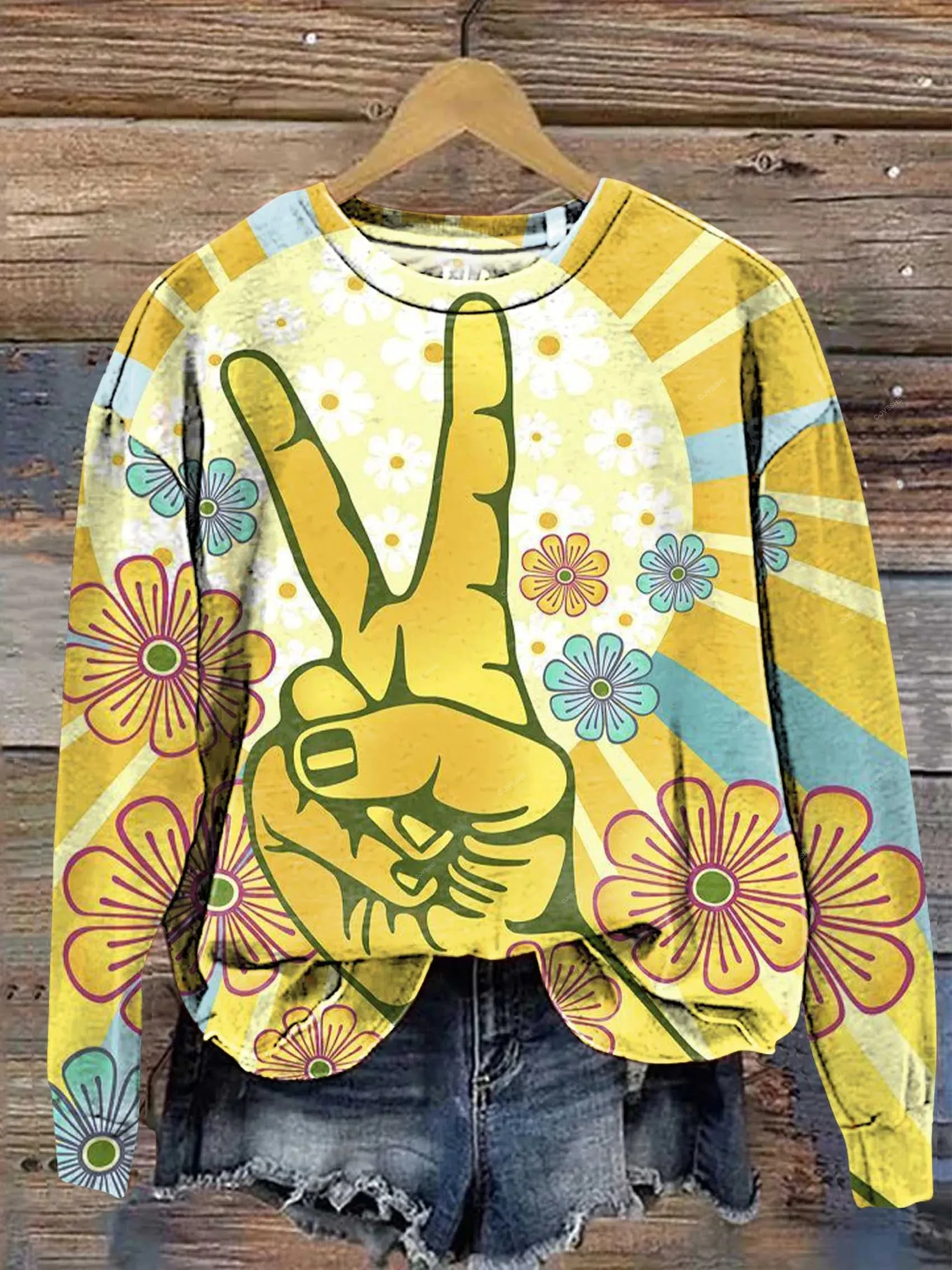 Retro Hippie Peace Sign Love and Peace Flowers Casual Sweatshirt