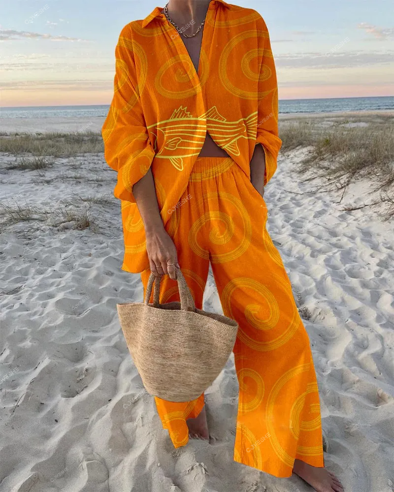 Chic Striped Fish Print Two-Piece Set