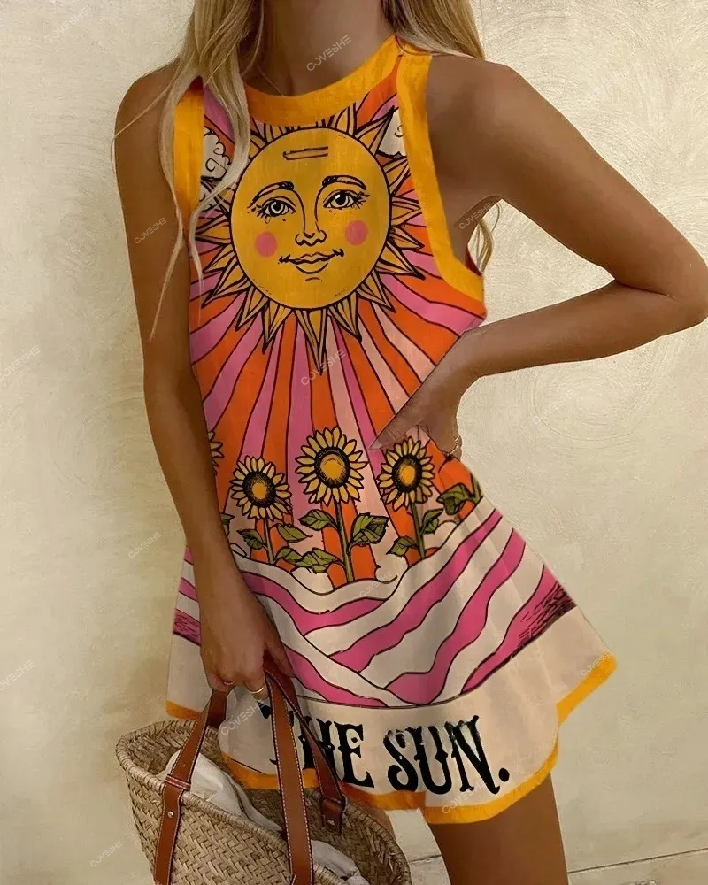 THE SUN Print Sleeveless Mini Dress