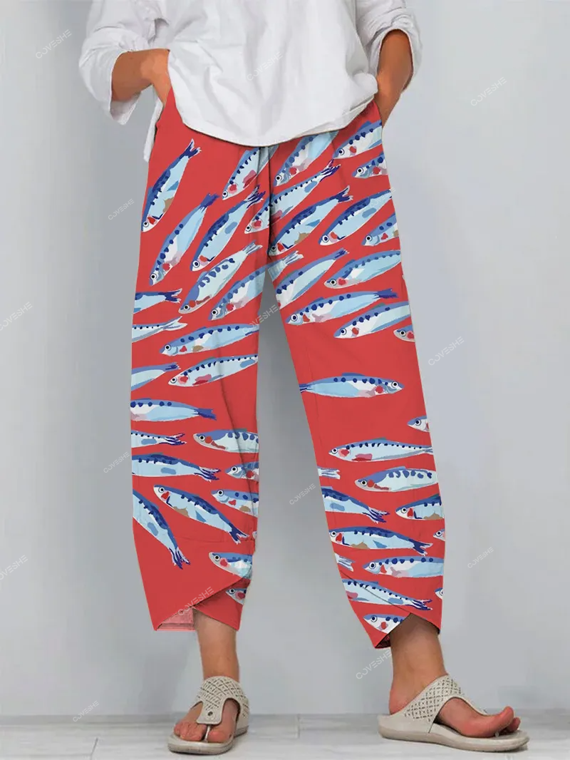 Japanese Red Sardines Art Print Cropped Pants