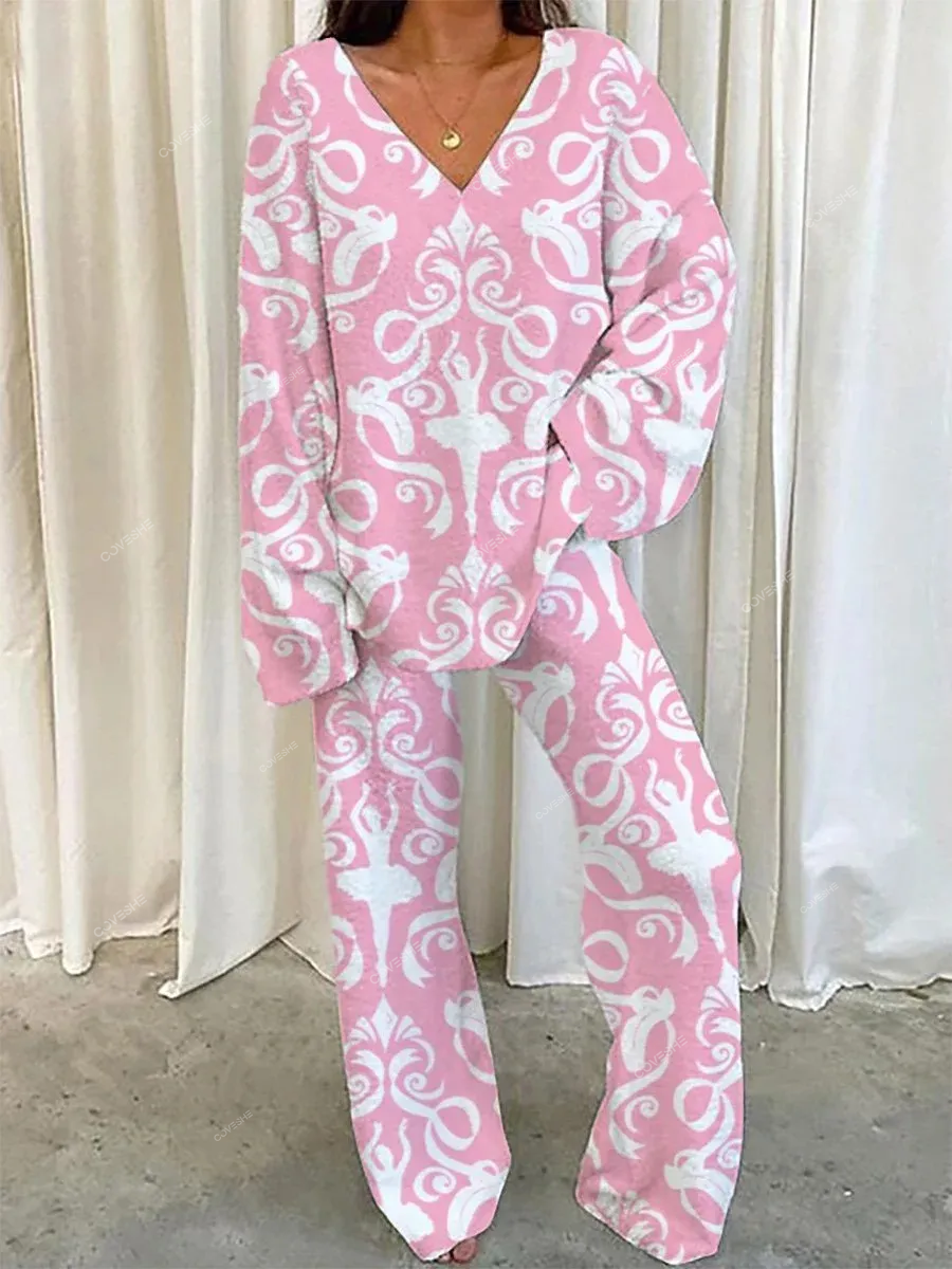 Women's Pink Bohemian Ballet Art Print Home Long Sleeve Suit
