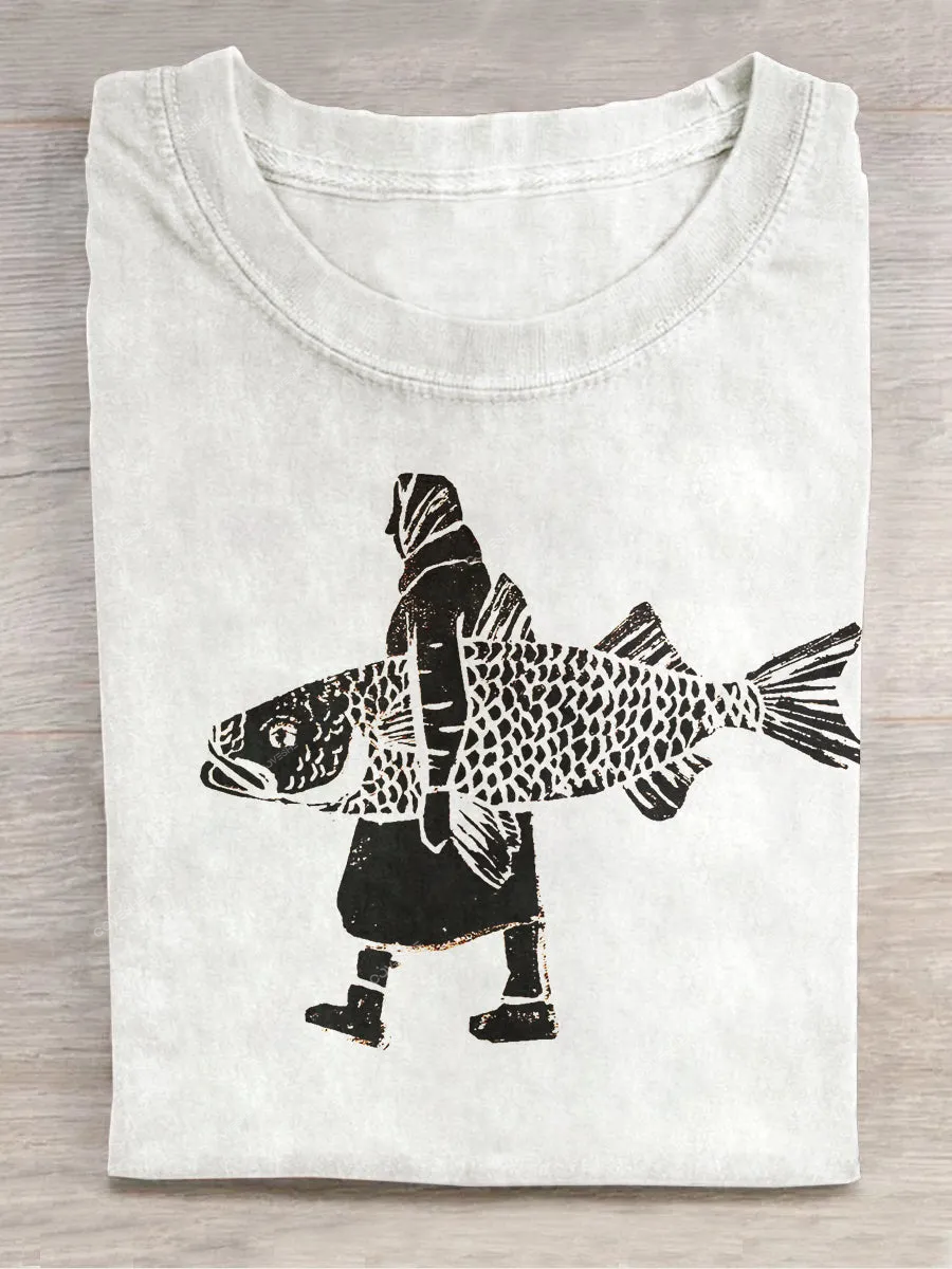 Unisex You Holding a Fish Art Print Round Neck T-Shirt