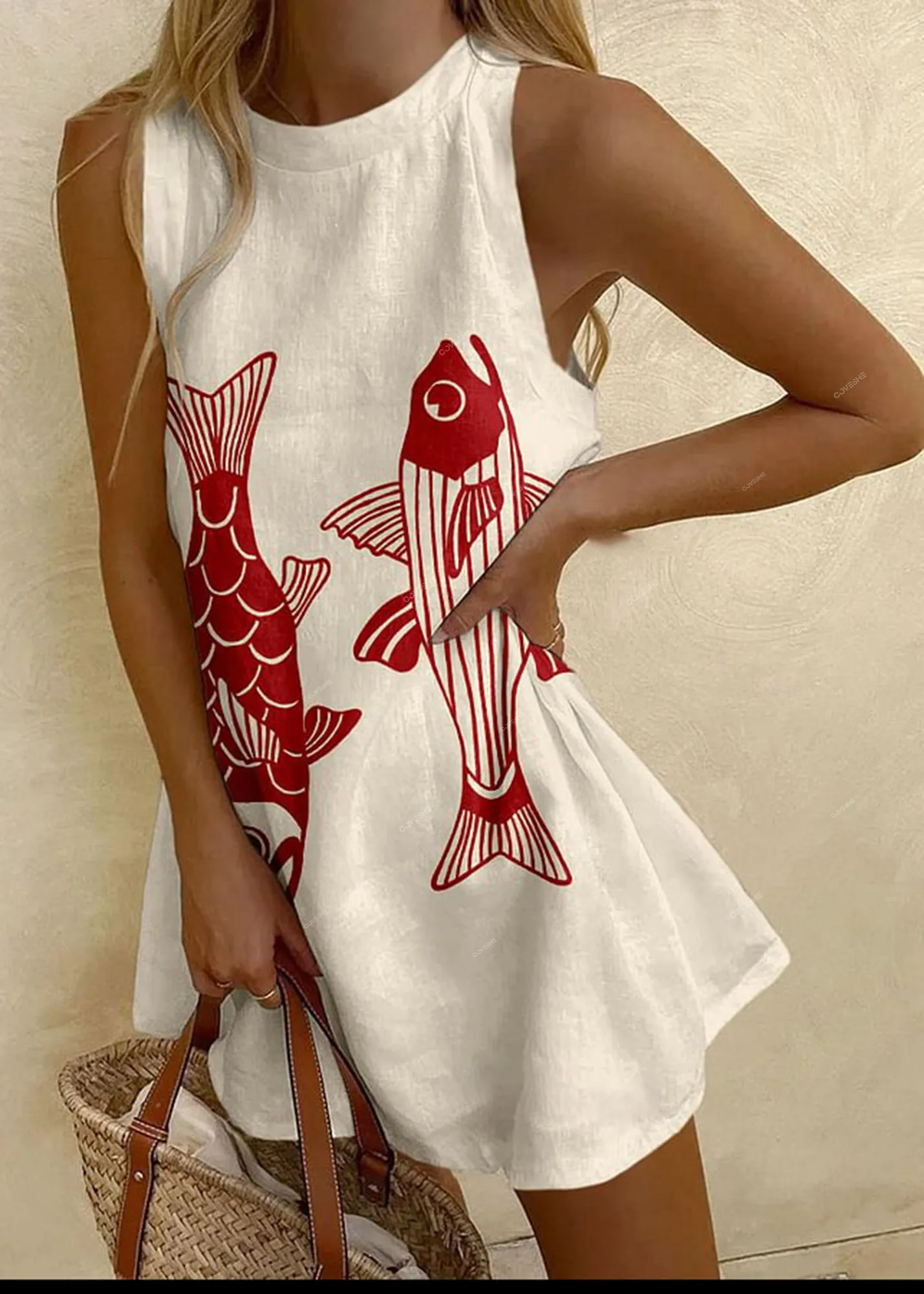 Abstract Fish Print Wave Edge Mini Dress