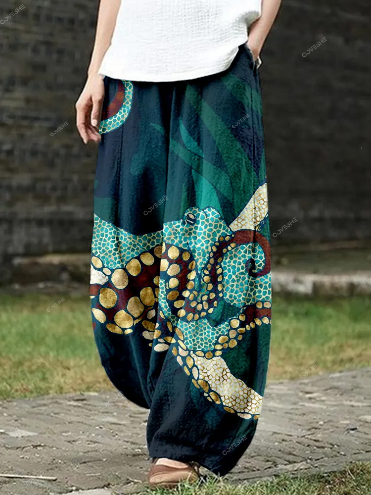 Ocean Octopus Art Linen Blend Casual Pants