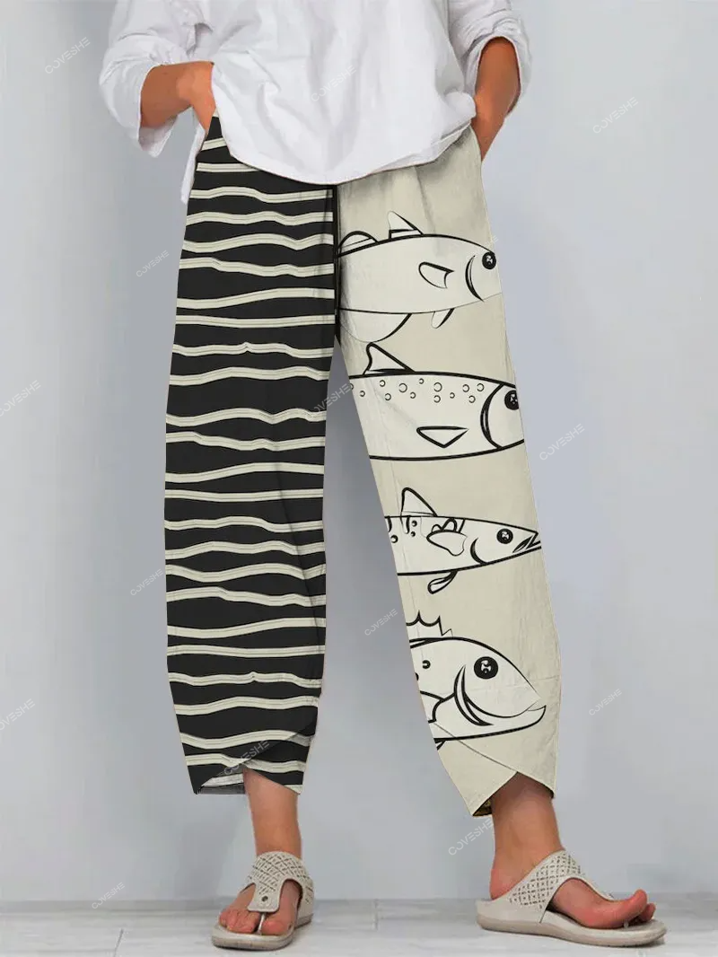 Casual Ocean White Fish Art Print Cropped Pants