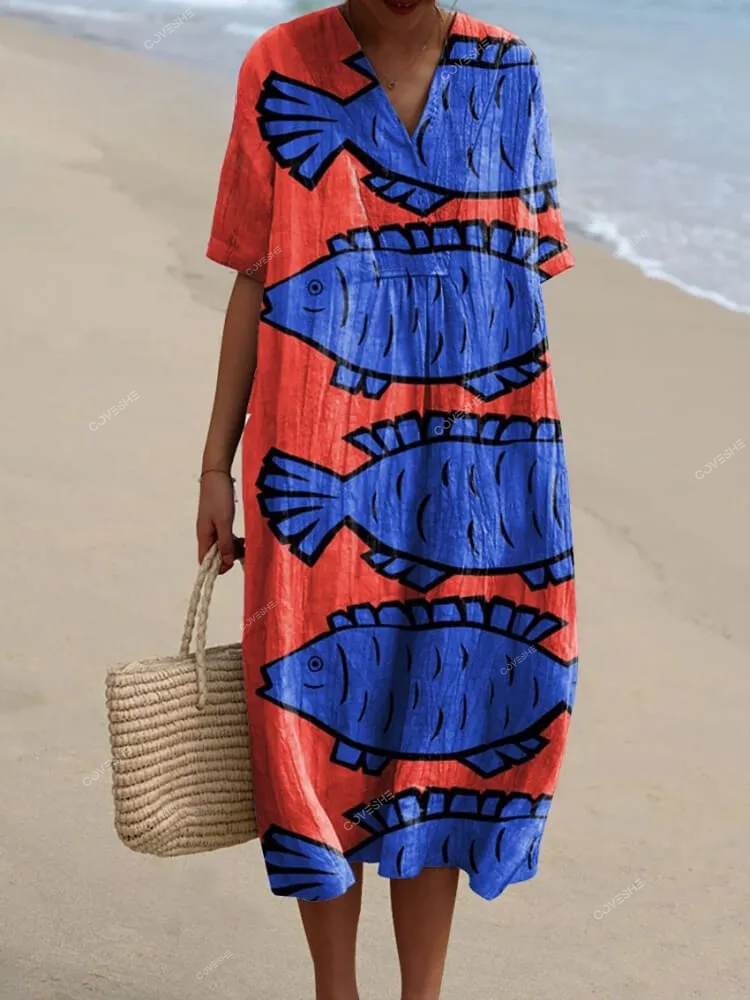 Women's Blue Fish Art Print Casual Dress