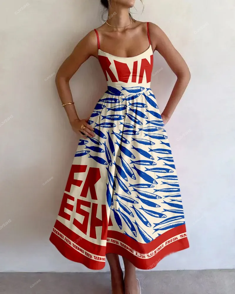 Vintage Sardine Print Suspender Dress