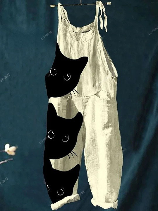 Women's Vintage Cat Art Print Casual Wide Leg Jumpsuit