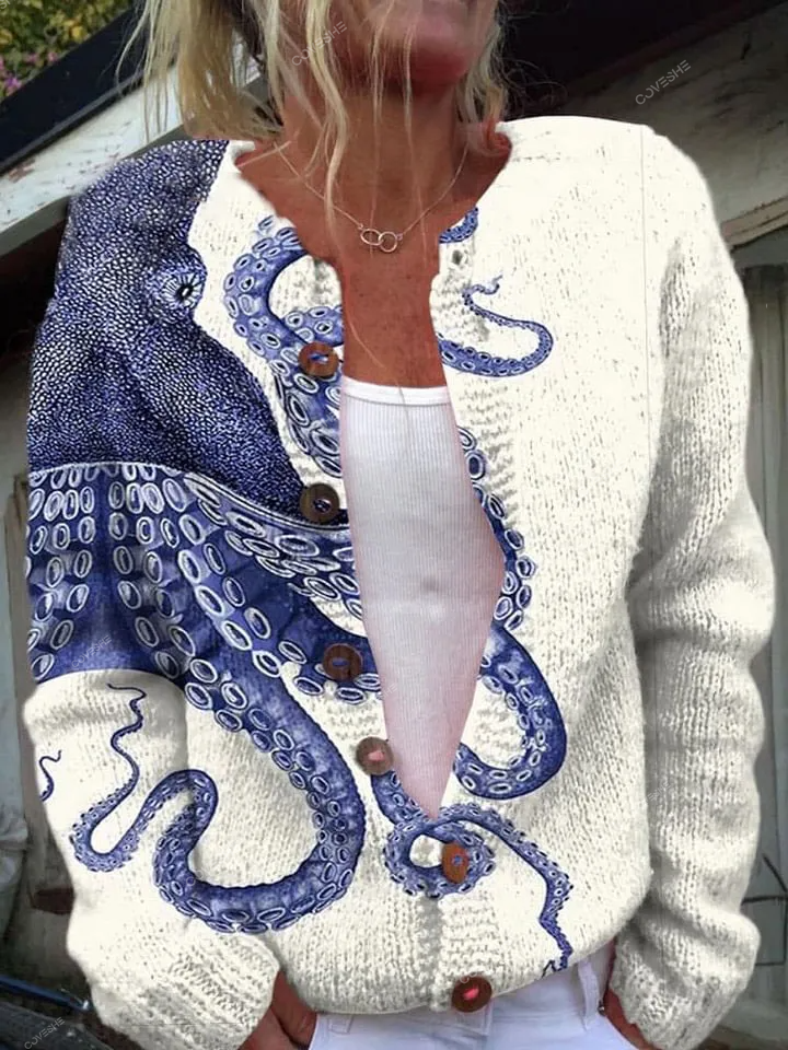 Deep Sea Octopus Tentacles Print Buttoned Cardigan Sweater