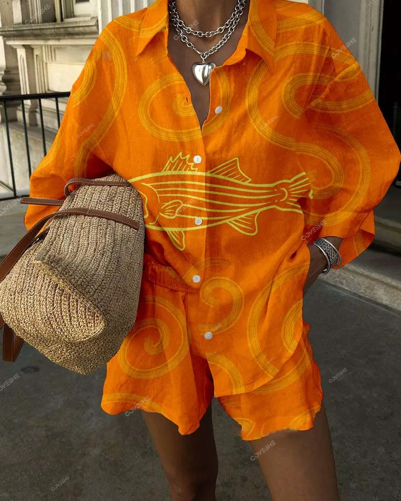 Abstract Striped Fish Print Casual Two-Piece Set