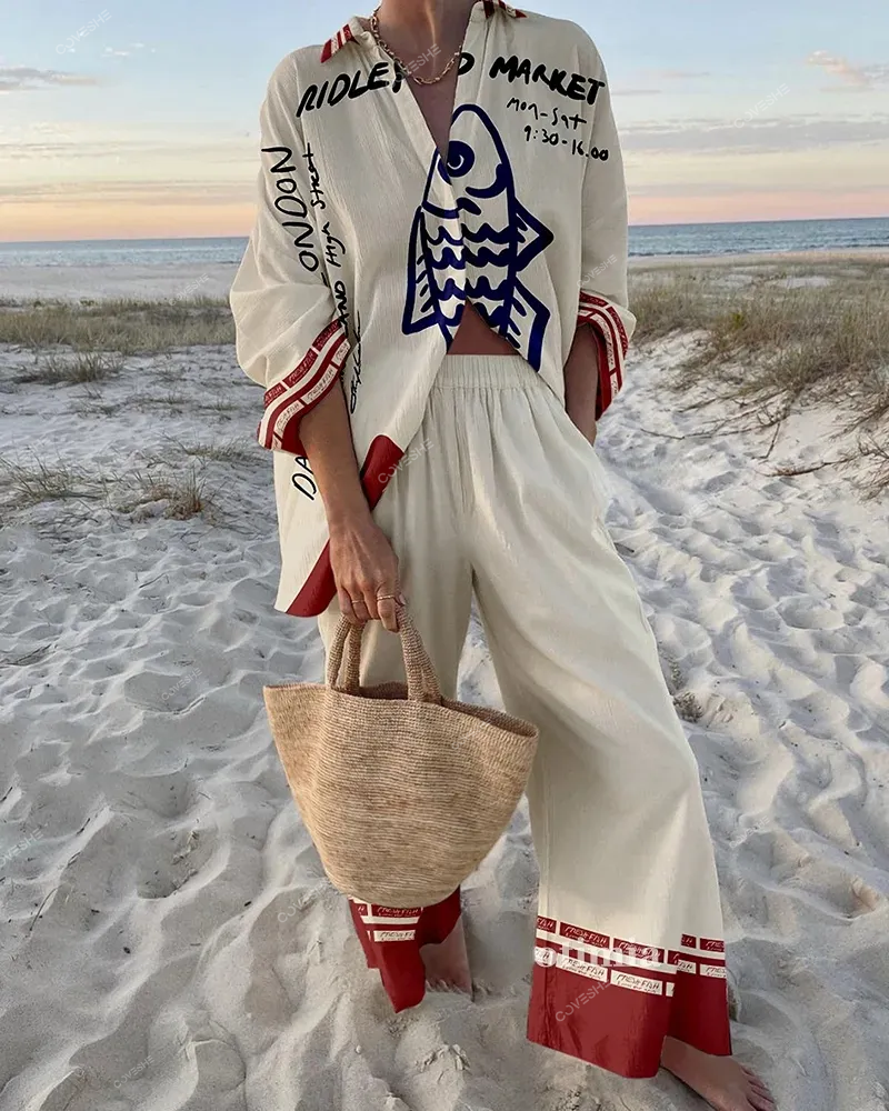 Retro fish pattern print two piece set