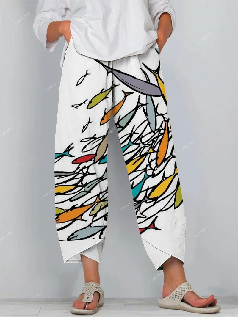 Casual Sardines Art Print Cropped Pants