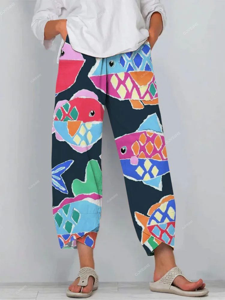 Tropical Fish Art Print Cropped Pants