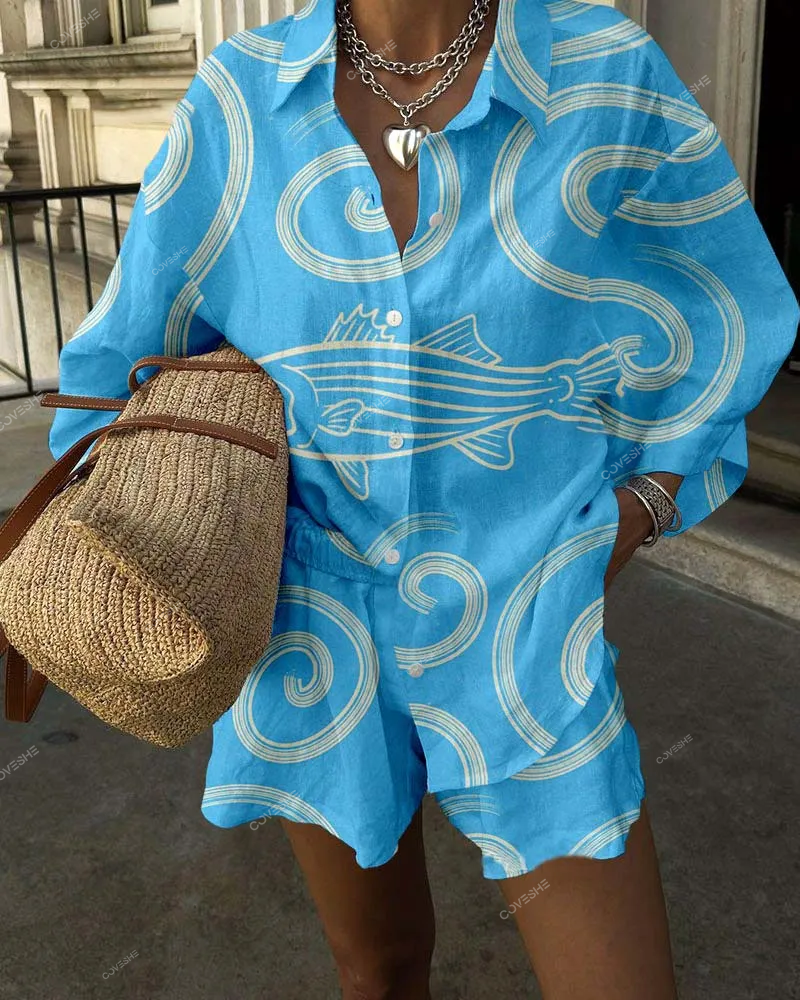 Fun Striped Fish Print Casual Two-Piece Set