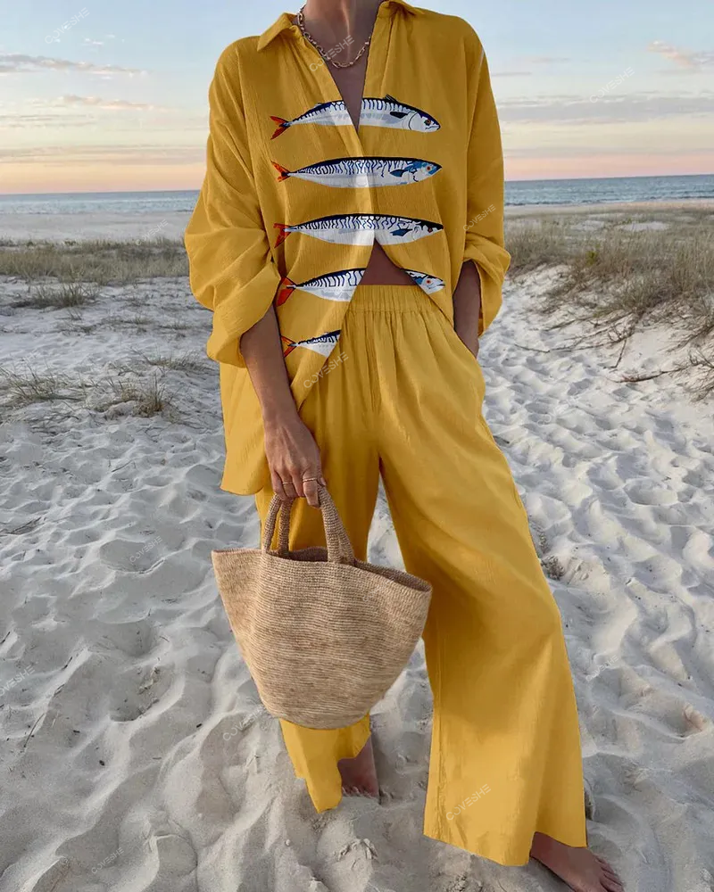 Retro vacation fish print two-piece set