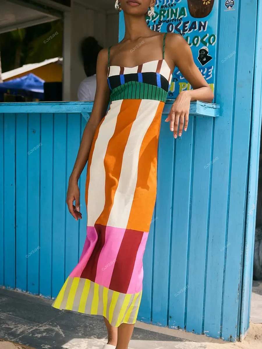 Colorful stripe print suspender dress