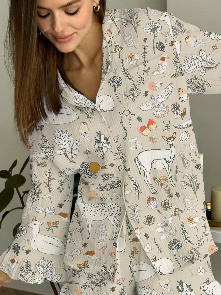 Women's Elegant Animal Plant Flower Print Long Sleeve Homewear Set