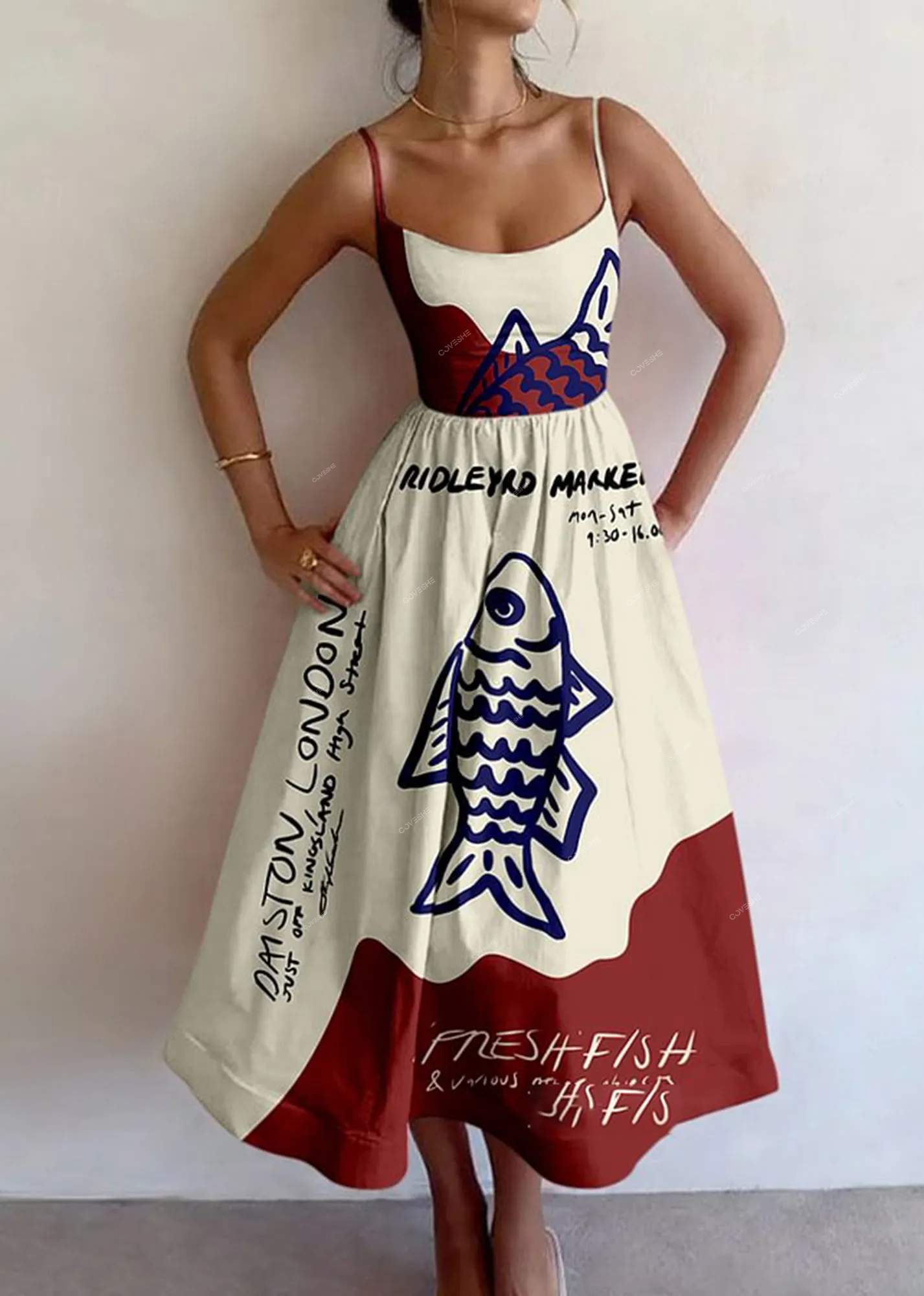 Vintage abstract fish print slip dress