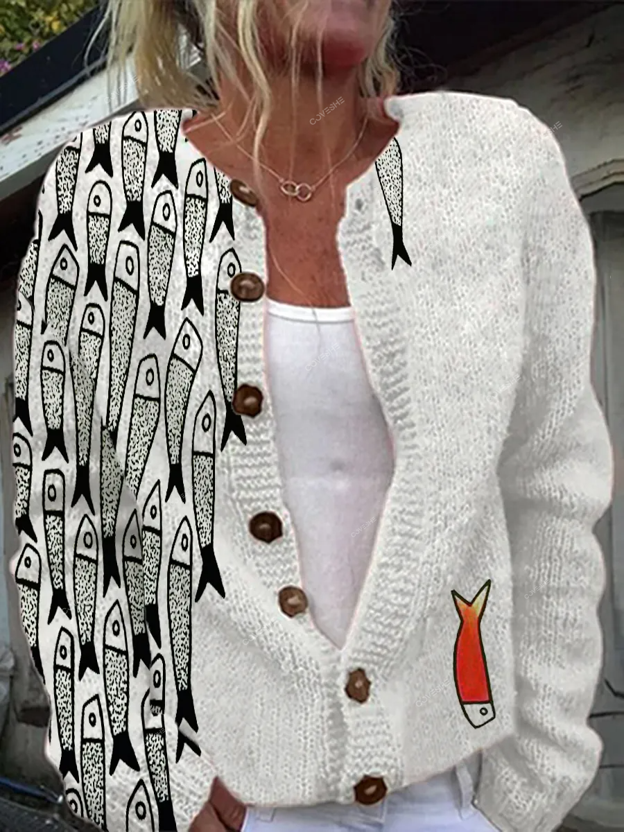 Women's Sardines Printed Casual Cardigan Sweater