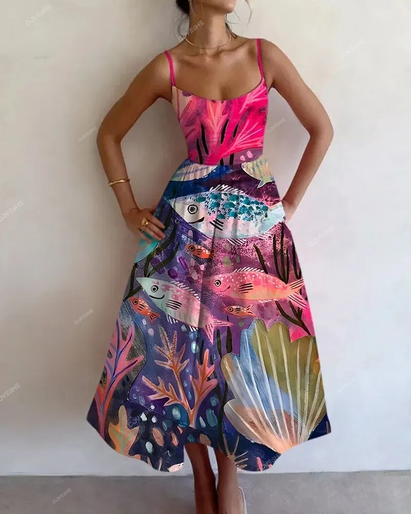 Submarine Scenery Printed Sling Dress