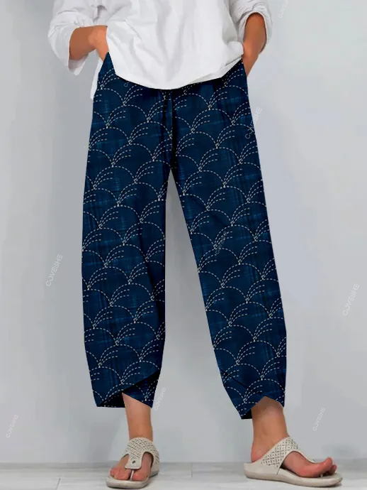 Traditional Japanese Sashiko Art Cropped Casual Pants