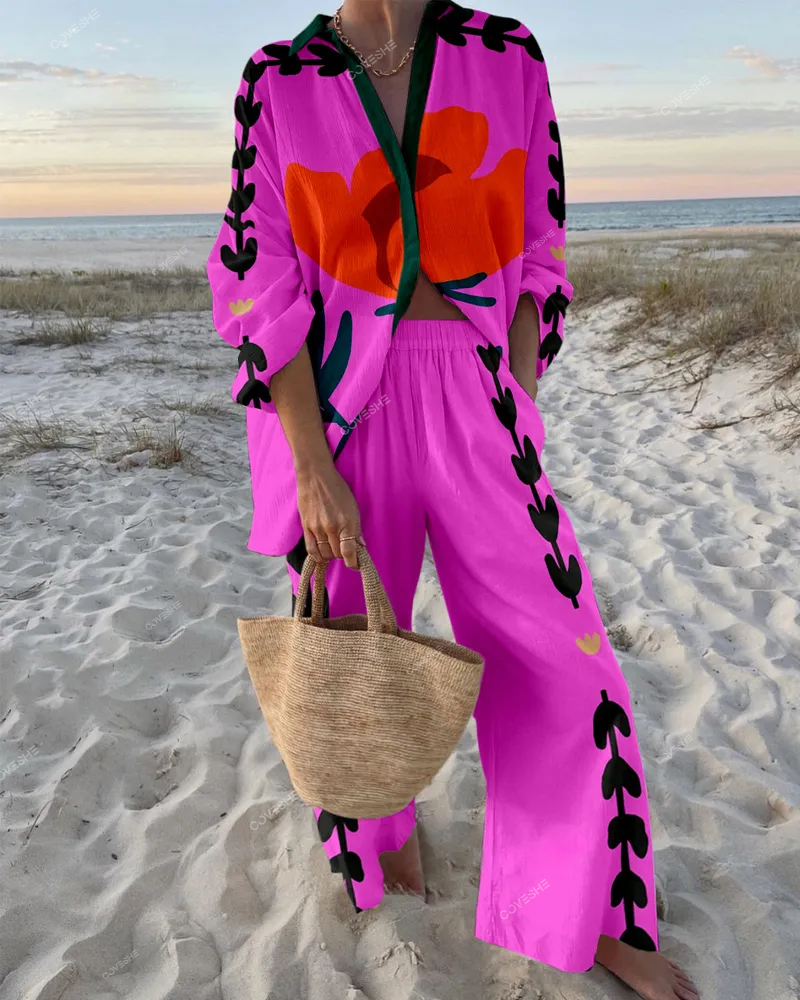 Fashion Flower Print Shirt & Pants Two-piece Set