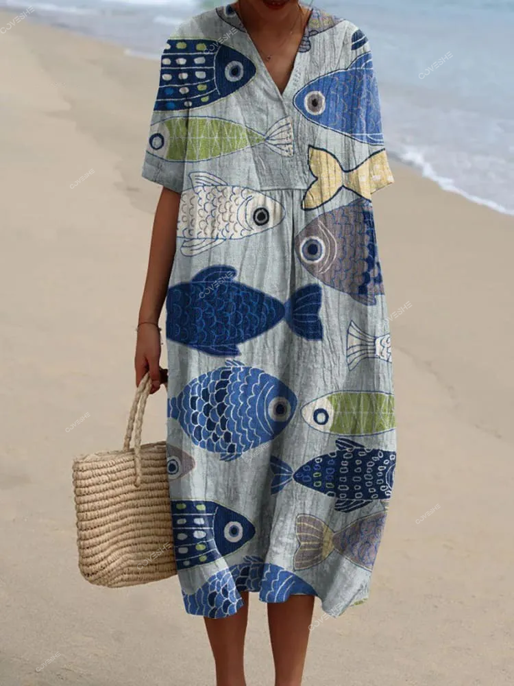 Women's Vintage Lovely Fish Art Print Flowy Dress
