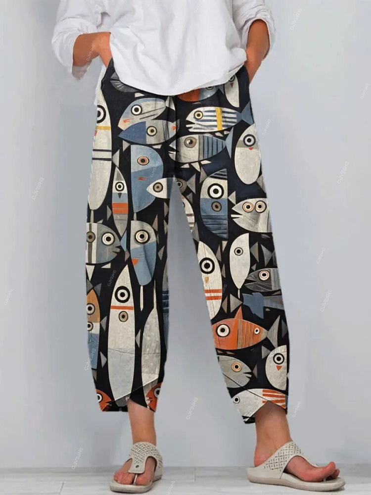 Women's Vintage Lovely Fish Art Printed Cotton And Linen Casual Pants