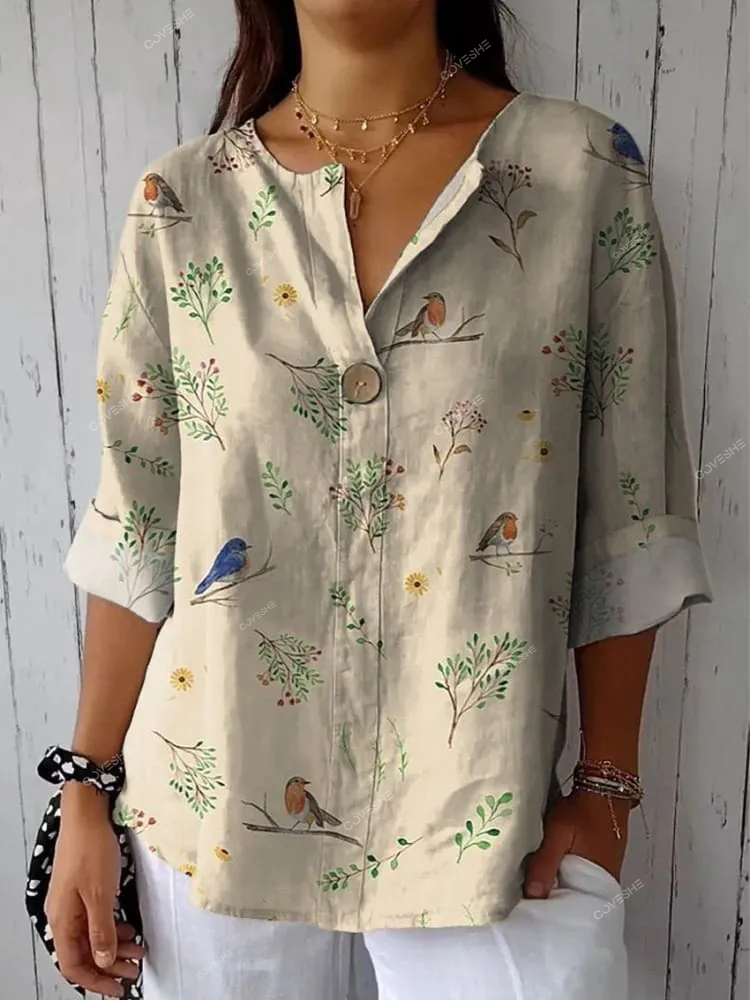 Boughs And Robin Birds Pattern Printed Women's Casual   Shirt