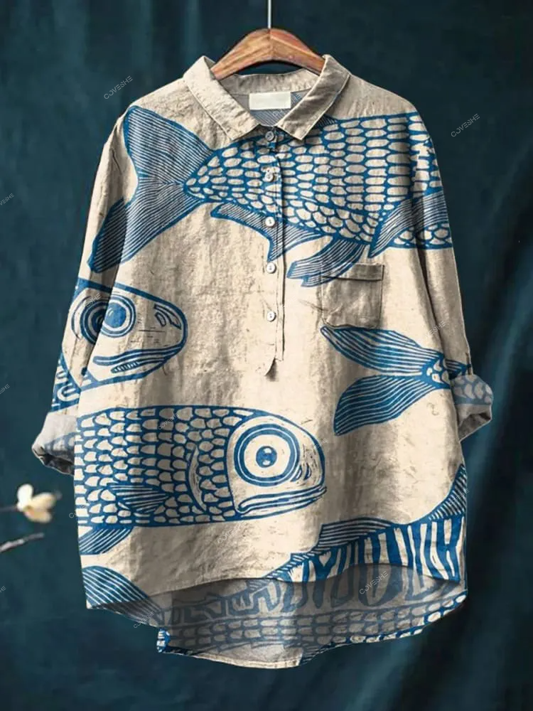 Women's Japanese Blue Fish Print Casual   Shirt