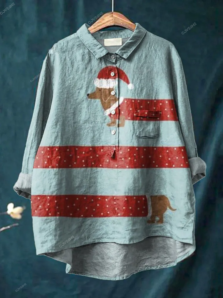 Funny Christmas Dachshund Dog Graphic Printed Women's Casual Cotton And Linen Shirt