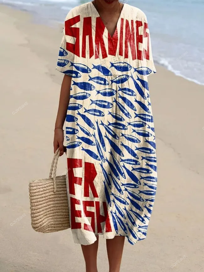 Women's Vintage Sardines Fish Art Print Casual   Dress