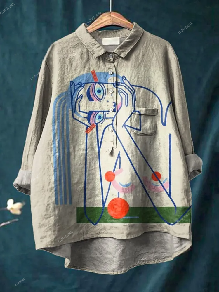 Abstract Lady Portrait Art Printed Women's Casual   Shirt