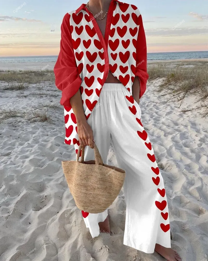 Passionate Love Print Shirt & Pants Two-Piece Set