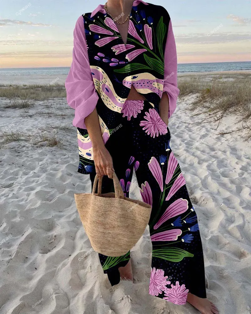 Purple Flower Snake Print Two-Piece Set