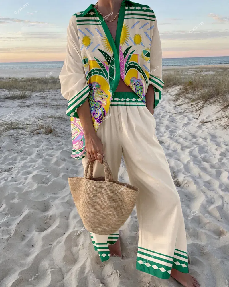 Fashion Lion Print Shirt & Pants Two-piece Set
