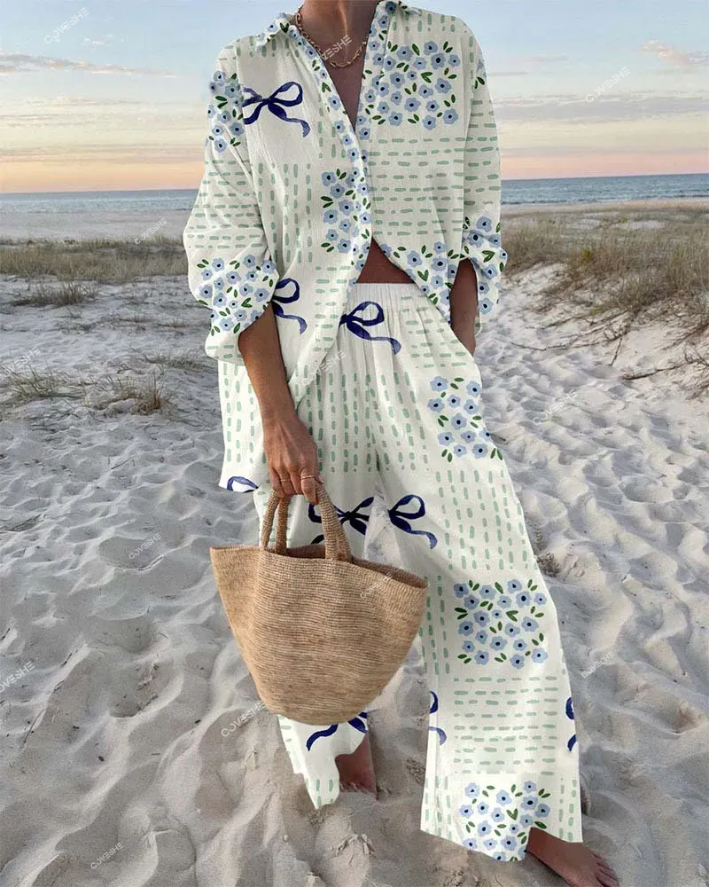 Floral Bow Print Shirt & Pants Two-Piece Set