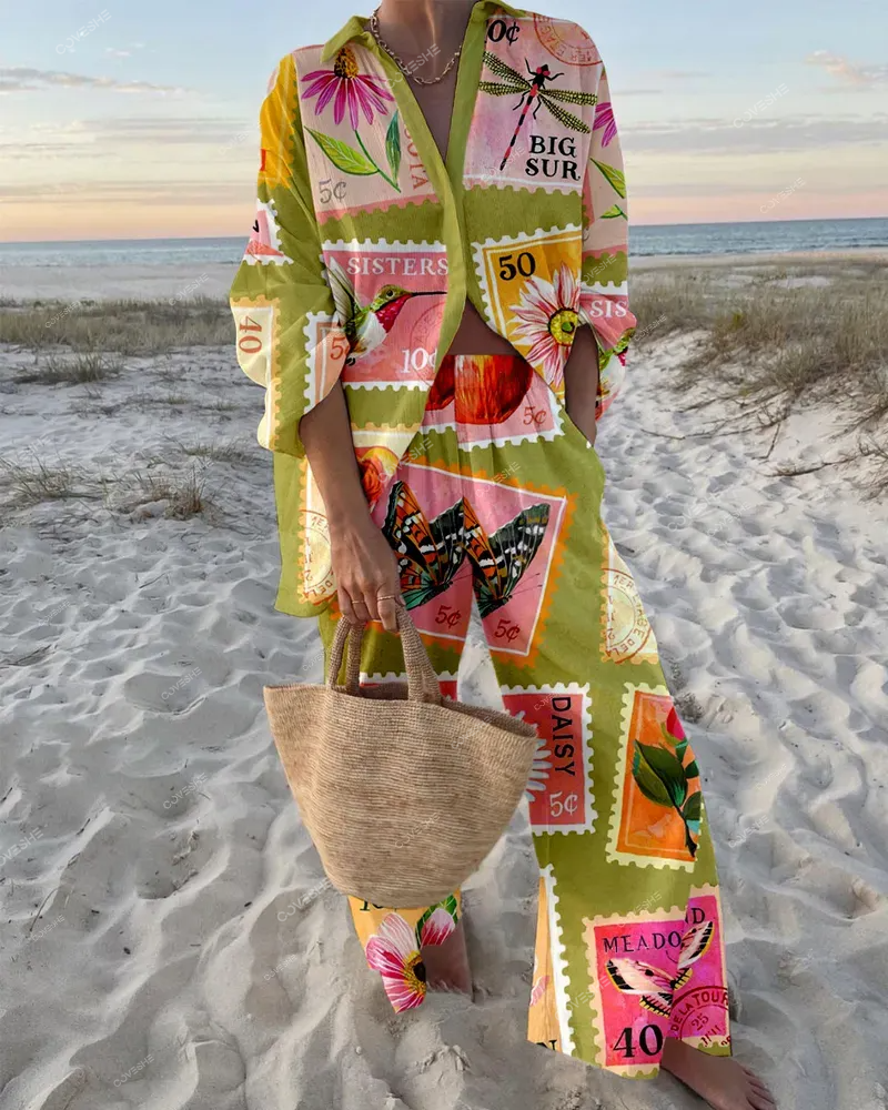 Vintage Stamp Print Shirt & Pants Two-piece Set